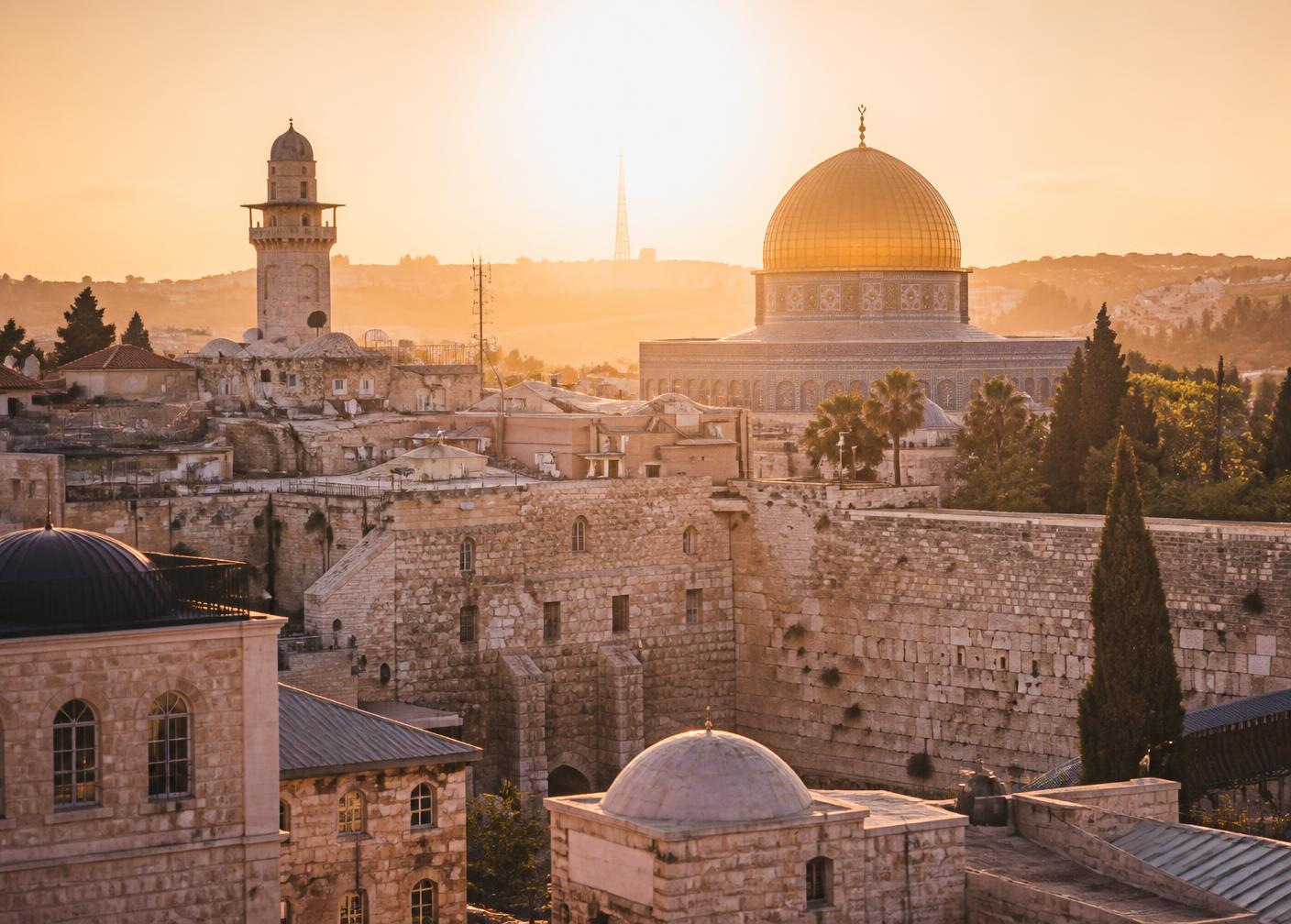 Vista de la Ciudad Vieja de Jerusalén al atardecer